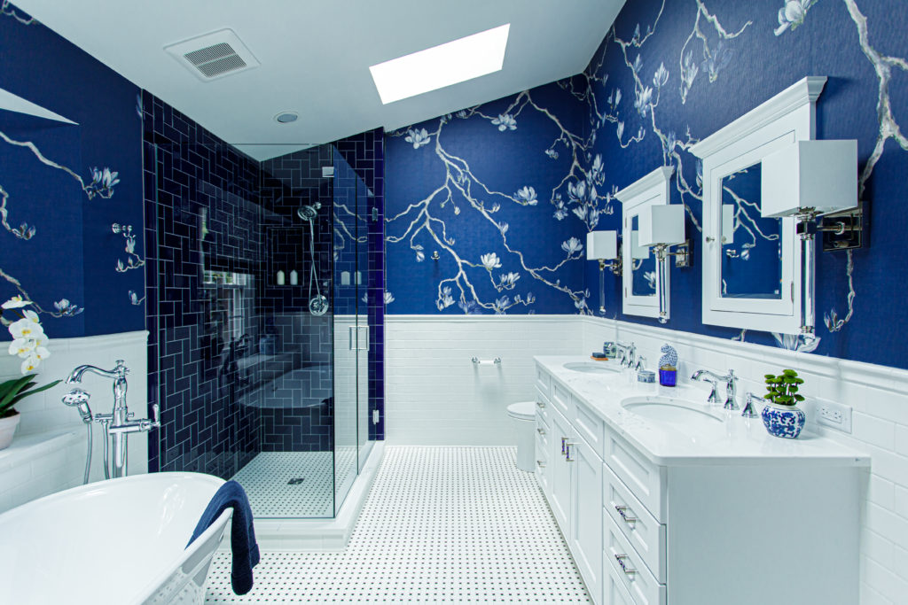 classic master bath white tile blue walls Lindsey Putzier Design Studio