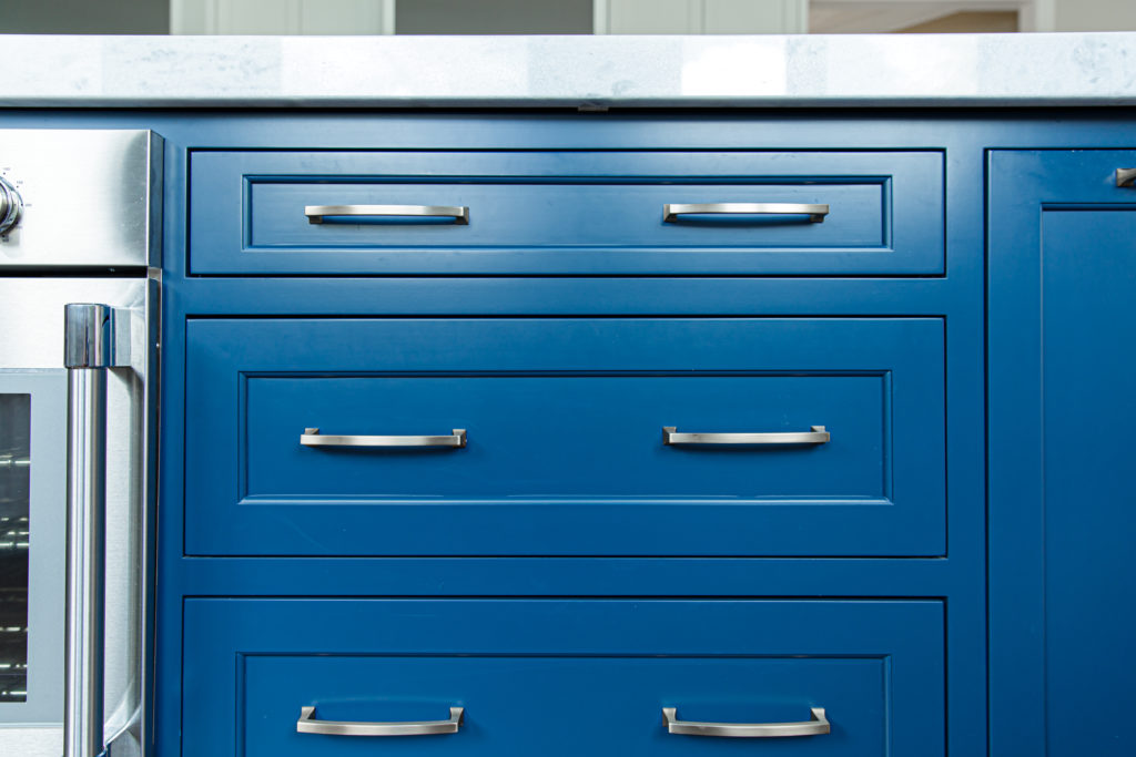 Bright blue Kitchen island cabinetry Ohio Lindsey Putzier Design Studio