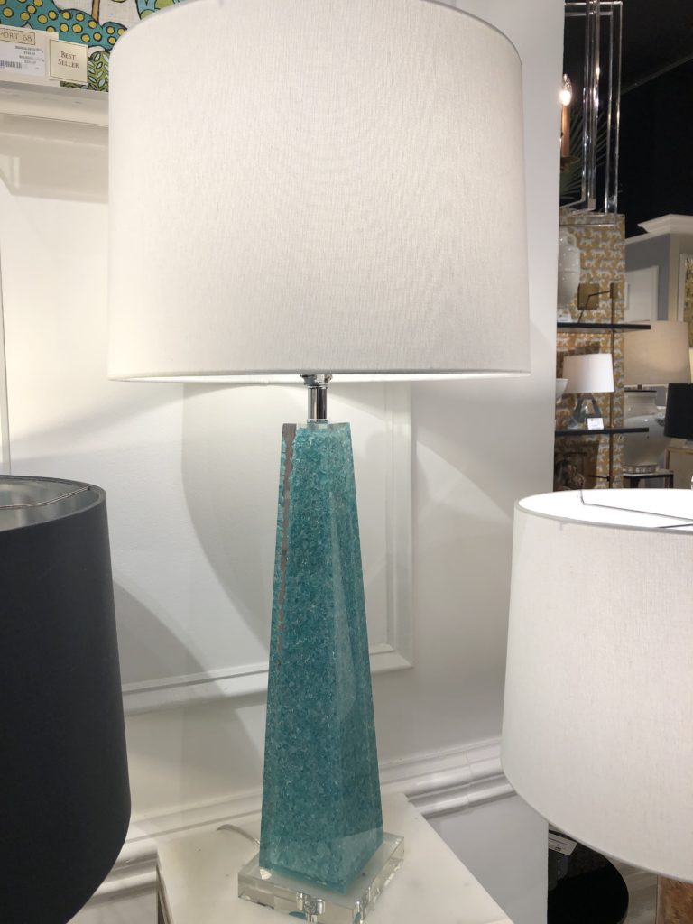 Teal rock table lamp base with white shade Lindsey Putzier Design Studio