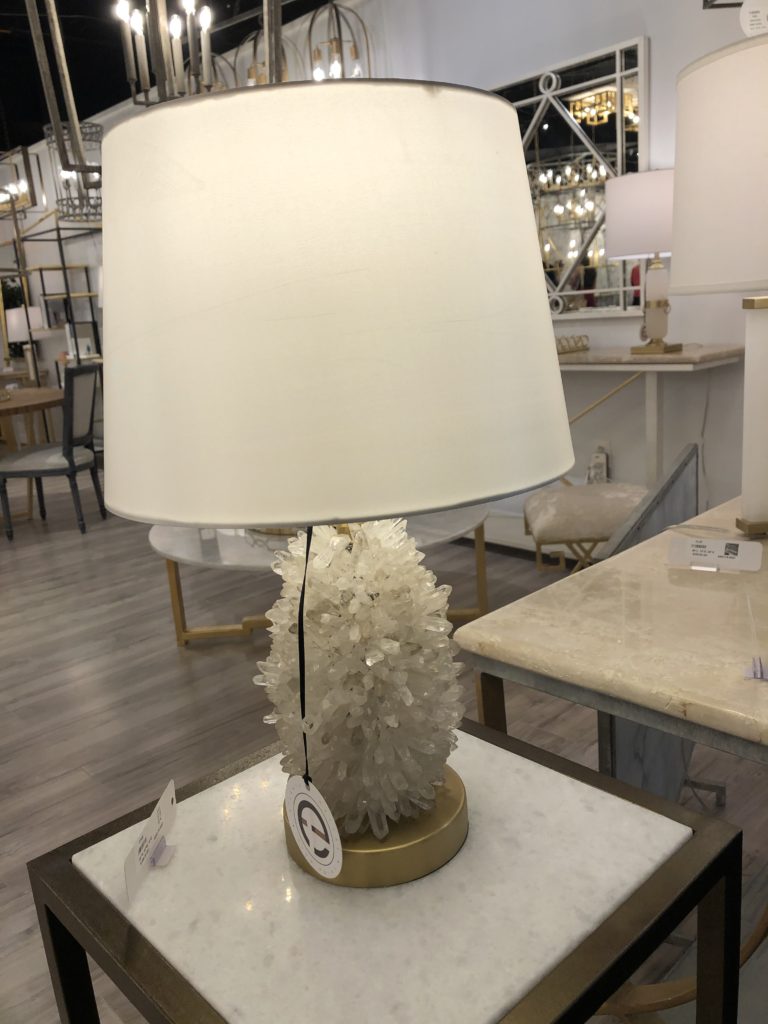 White crystal table lamp with gold base and white shade Lindsey Putzier Design Studio