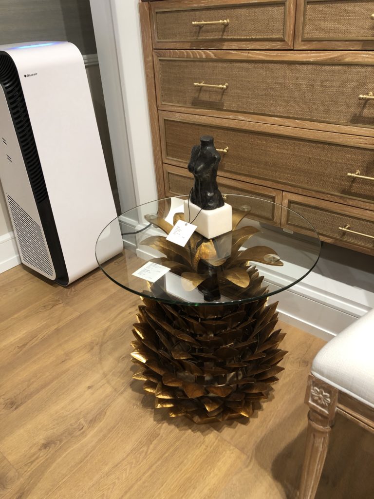 Gold pineapple based statement table with glass top Lindsey Putzier Design Studio