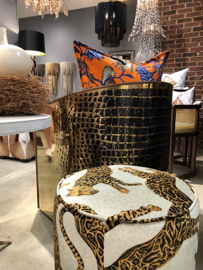 snake print metallic back and a solid wood top barrel chair Lindsey Putzier Design Studio