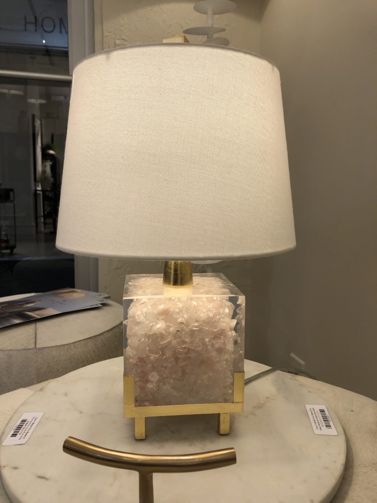 Pink pebbles encased in clear with gold accent table lamp base Lindsey Putzier Design Studio