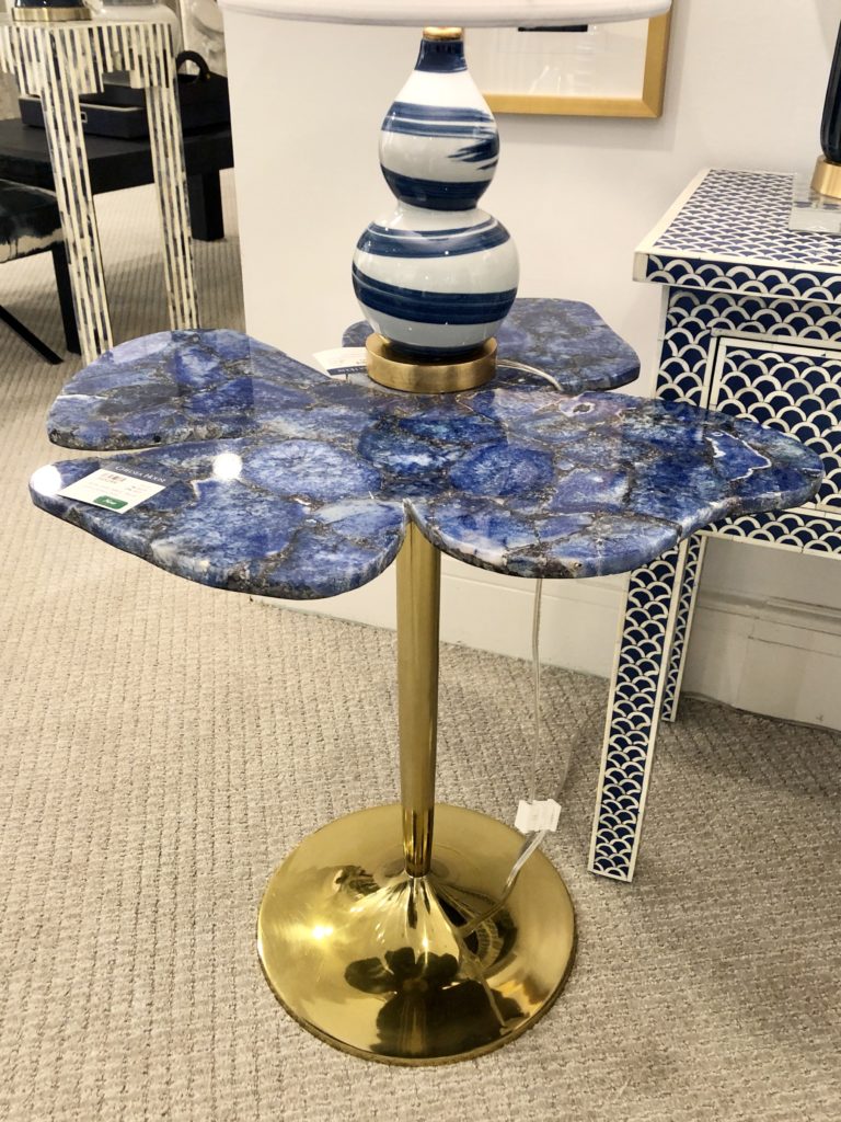Blue clover shaped natural stone side table with gold base Lindsey Putzier Design Studio