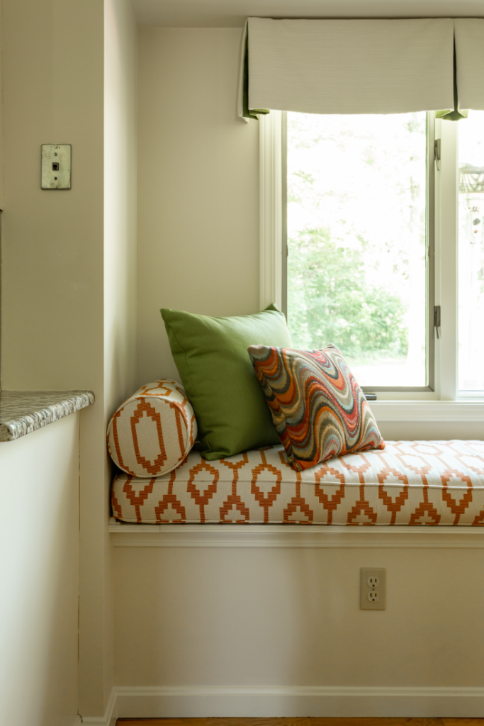 Custom window seat. cushions, and valance for Mid-Century Dinette Lindsey Putzier Design Studio