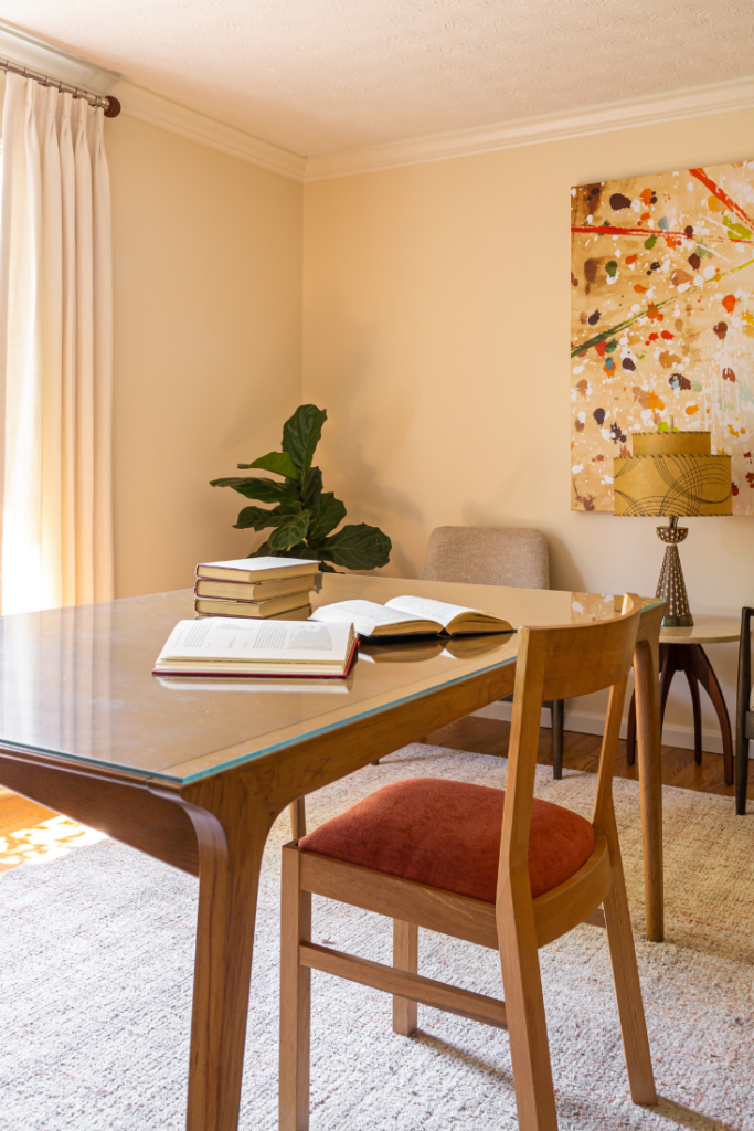 Drafting table used as a desk in Mid-Century Office Lindsey Putzier Design Studio