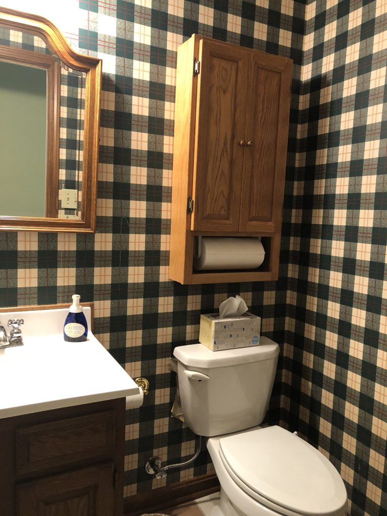 Before image of Mid-Century Powder room with plaid wallpaper Lindsey Putzier Design Studio