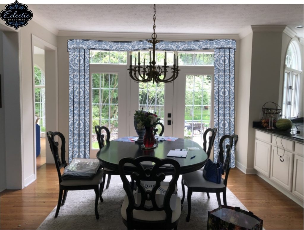 Rod pocket underneath cornice boards custom drapery in dining room Lindsey Putzier Design Studio