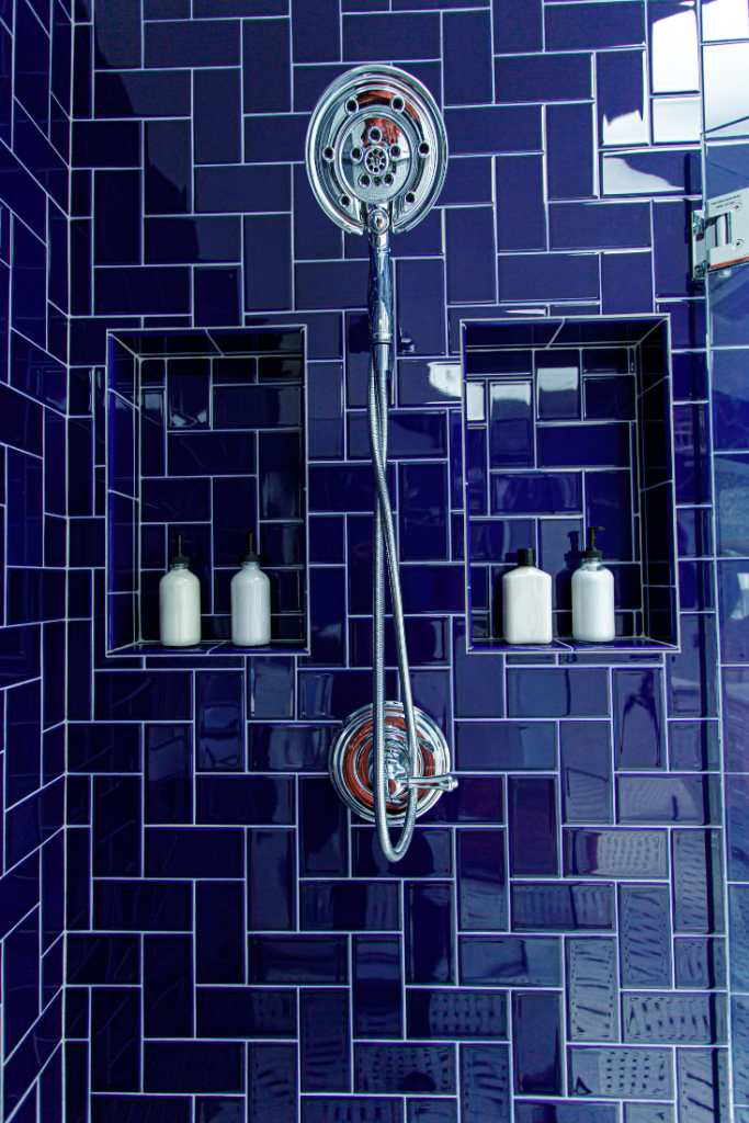 Blue herringbone tile Lindsey Putzier Design Studio