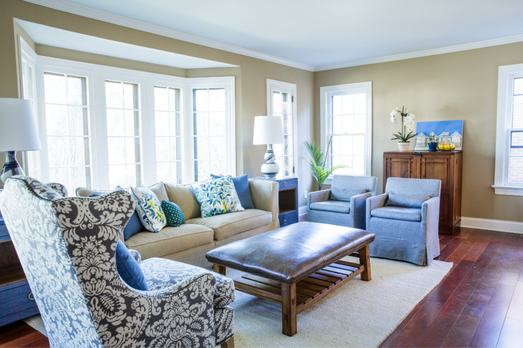 Bright living room with custom upholstery Lindsey Putzier Design Studio