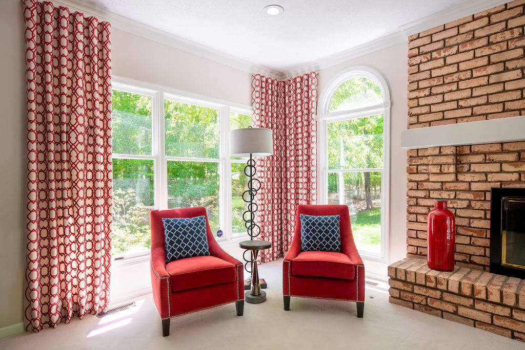 Red and cream geometric patterned custom window treatments Lindsey Putzier Design Studio