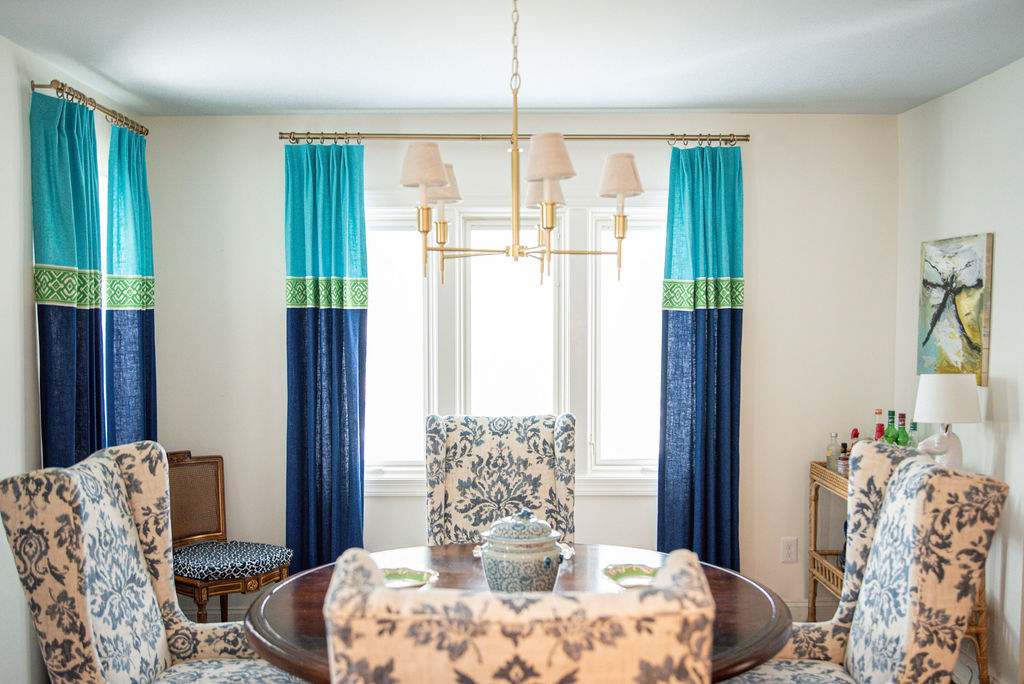 After Image of colorful 3 tiered drapery with teal, green, and dark blue Lindsey Putzier Design Studio