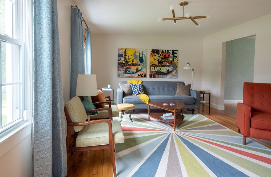 Nostalgic Mid-Century Modern Living Room with custom window treatments Lindsey Putzier Design Studio