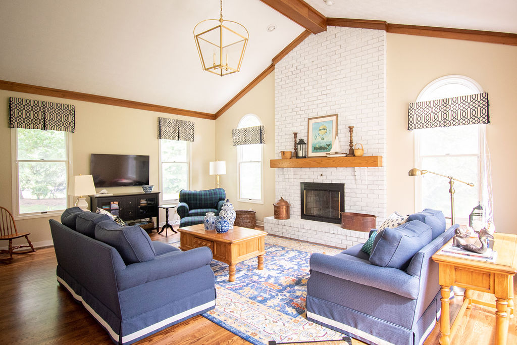 Family Room with custom valances and custom upholstery Lindsey Putzier Design Studio