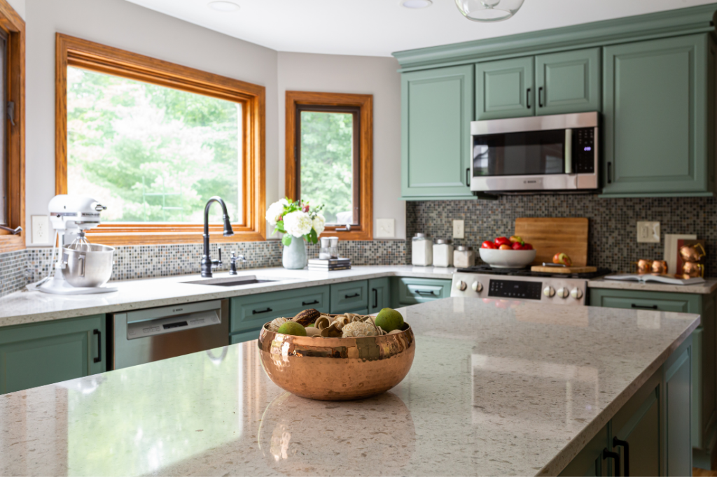 off white, greige, and green quartz for a kitchen renovation Lindsey Putzier Design Studio