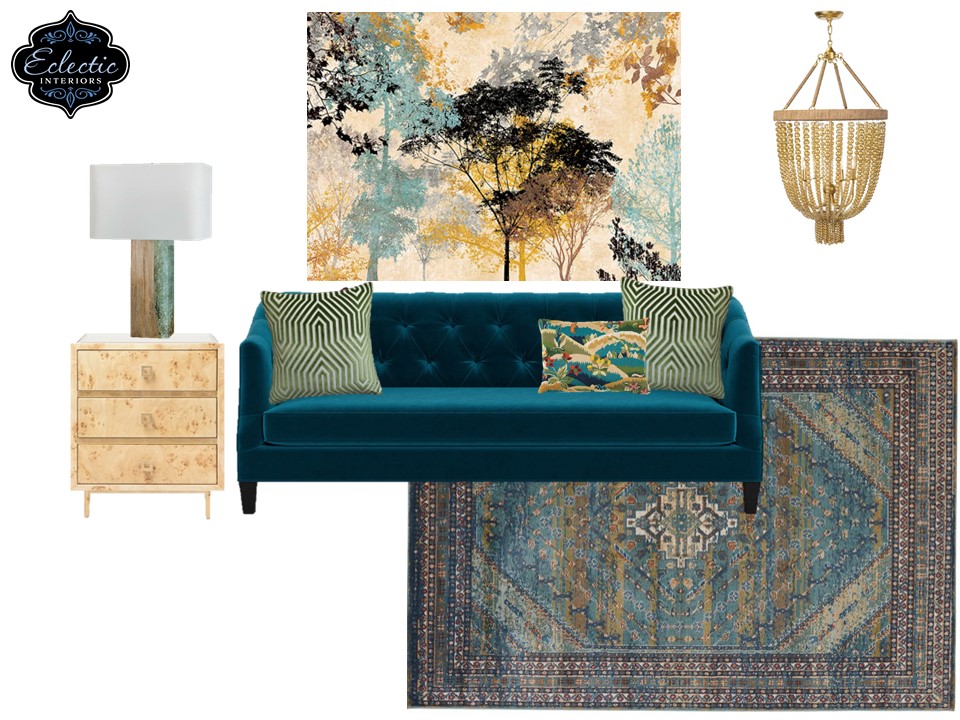 Nature inspired couch styling with green, blue, and yellow Lindsey Putzier Design Studio