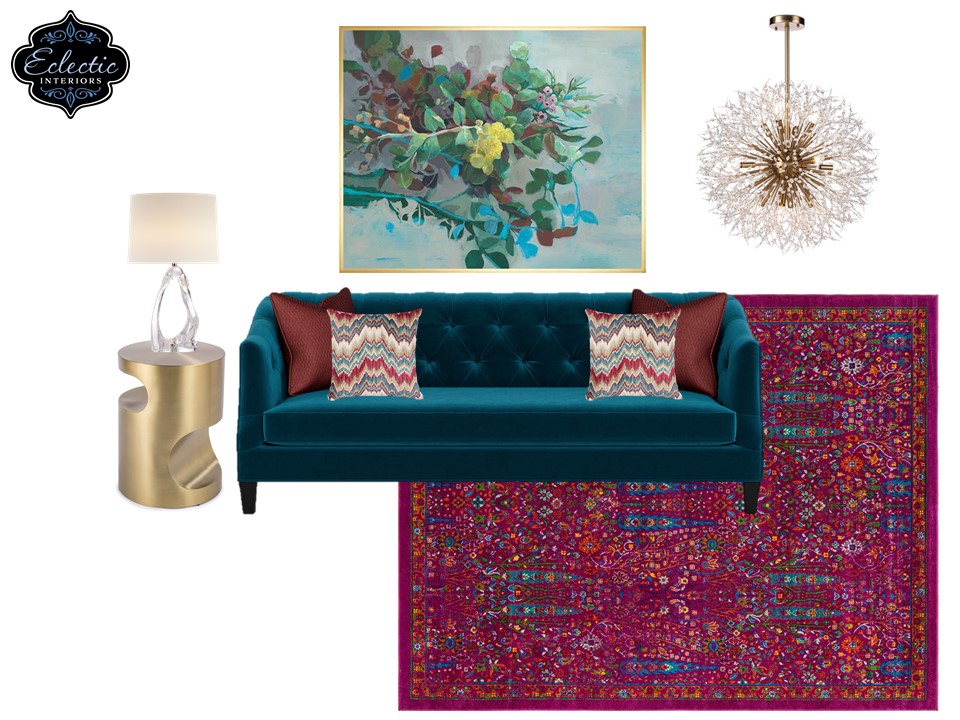 Raspberry Floral sofa styling with raspberry rug, teal sofa, and gold end table Lindsey Putzier Design Studio
