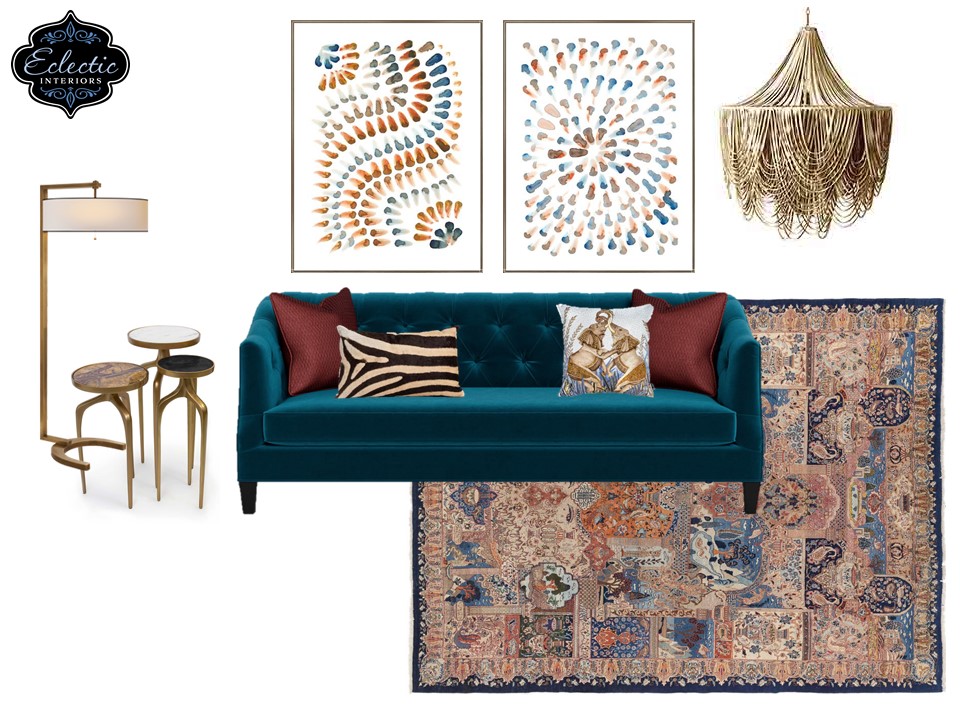 Global themed couch styling with Persian rug and South African chandelier Lindsey Putzier Design Studio