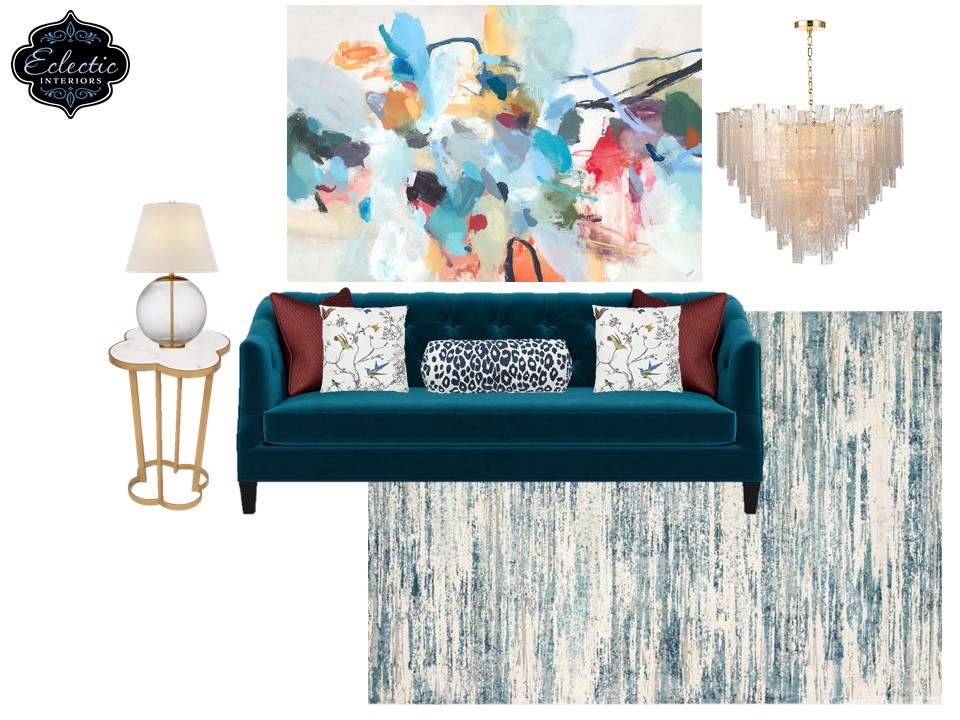 Collected Abstract couch styling featuring teal, white, and gold Lindsey Putzier Design Studio