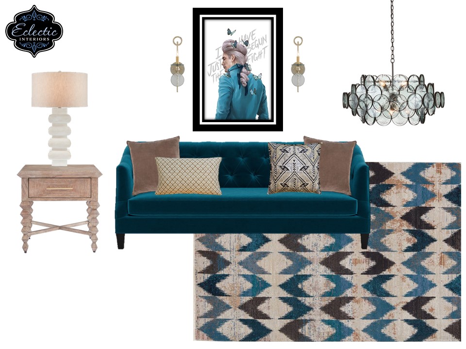 Geometric Funk sofa styling featuring teal, beige, and brown Lindsey Putzier Design Studio