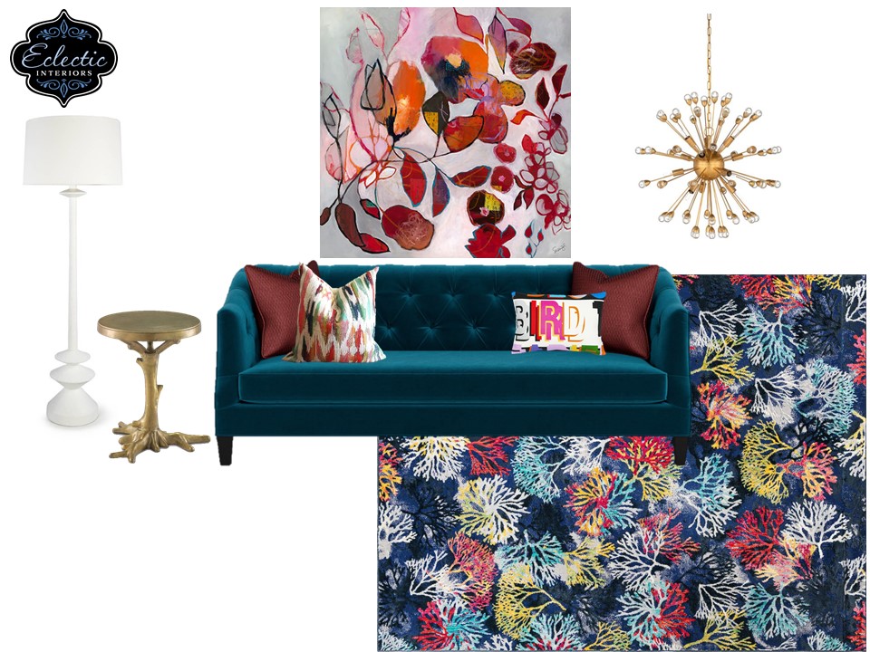Eclectic & Bright sofa styling showcasing colorful floral pieces Lindsey Putzier Design Studio