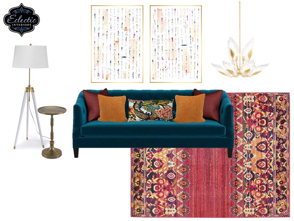Warm Color Celebration sofa styling featuring orange and reds Lindsey Putzier Design Studio