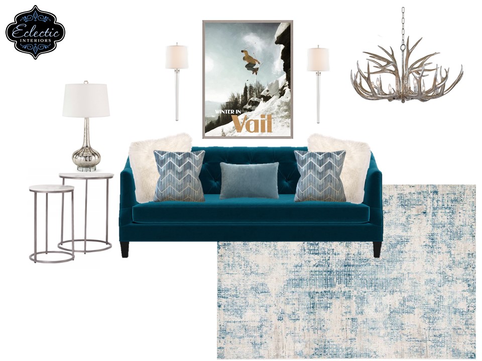 Winter themed sofa styling with pops of teal, silver, and fuzzy pillows Lindsey Putzier Design Studio