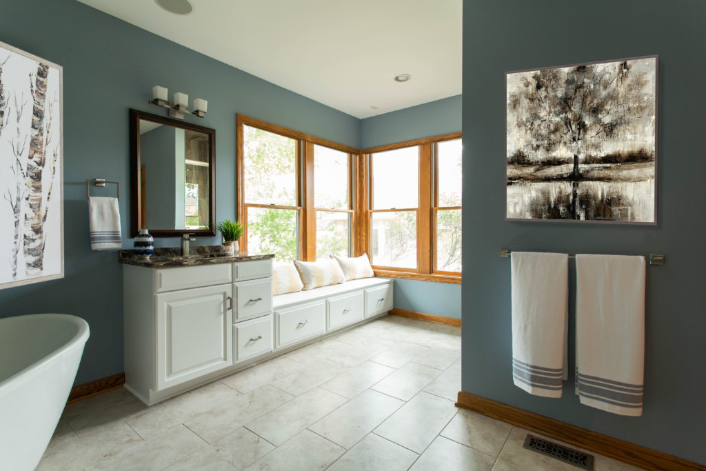 White cabinets in Nature-Inspired Master Bath Lindsey Putzier Design Studio