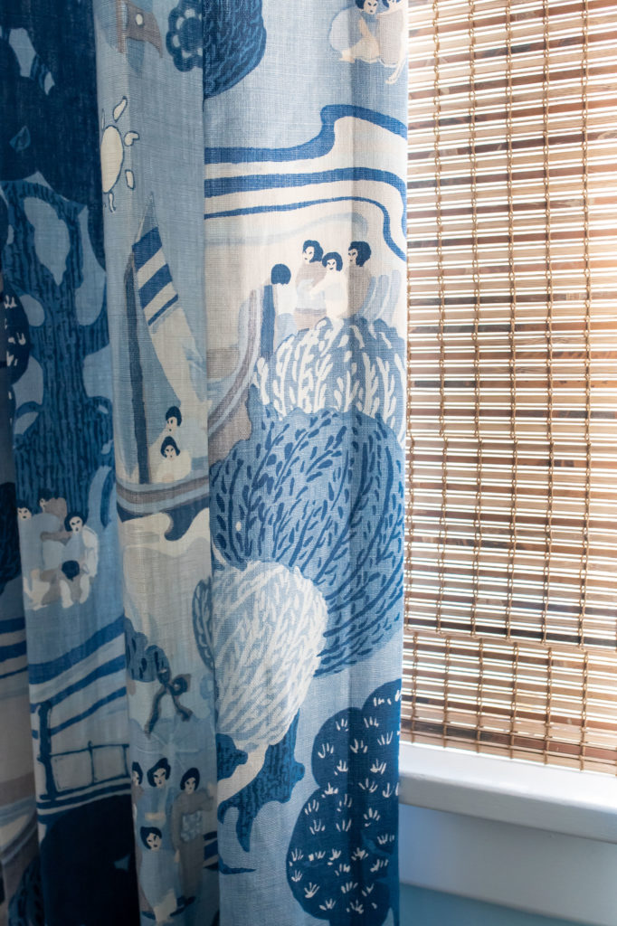 Close up of Schumacher Pearl River- Blues drapery fabric Lindsey Putzier Design Studio