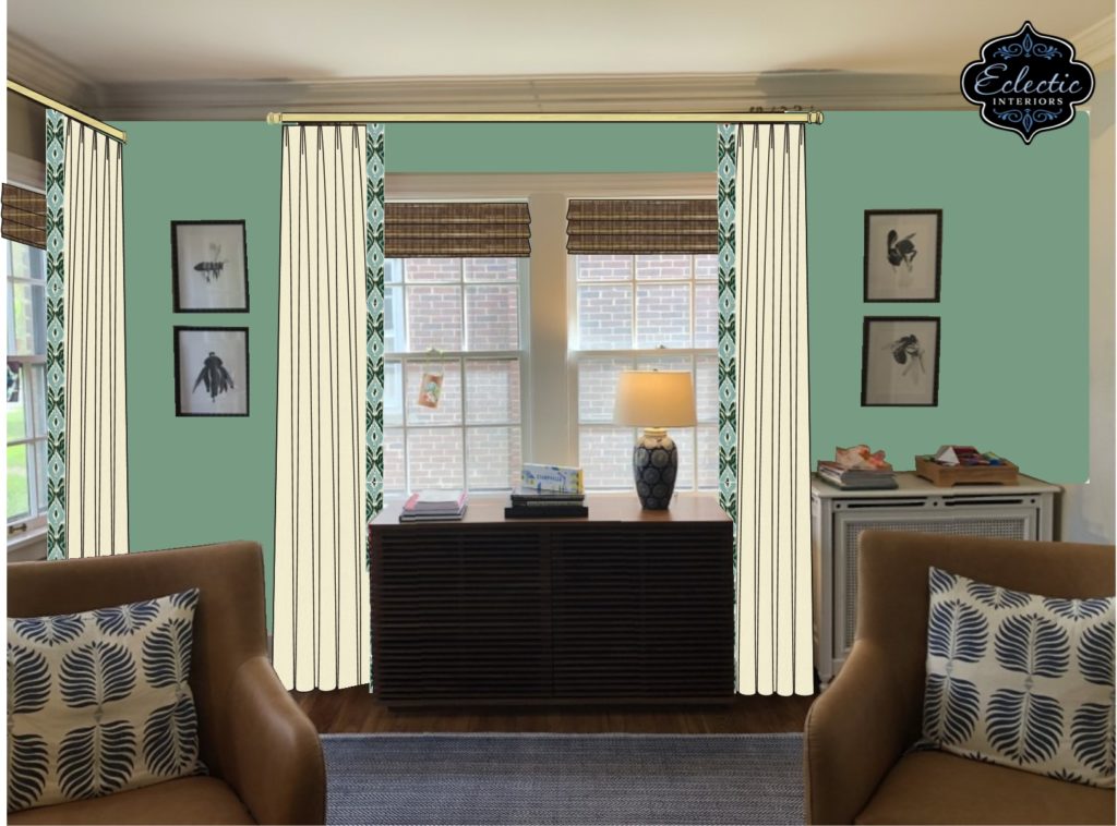 Rendering of Living Room with light green walls and neutral custom window treatment Lindsey Putzier Design Studio