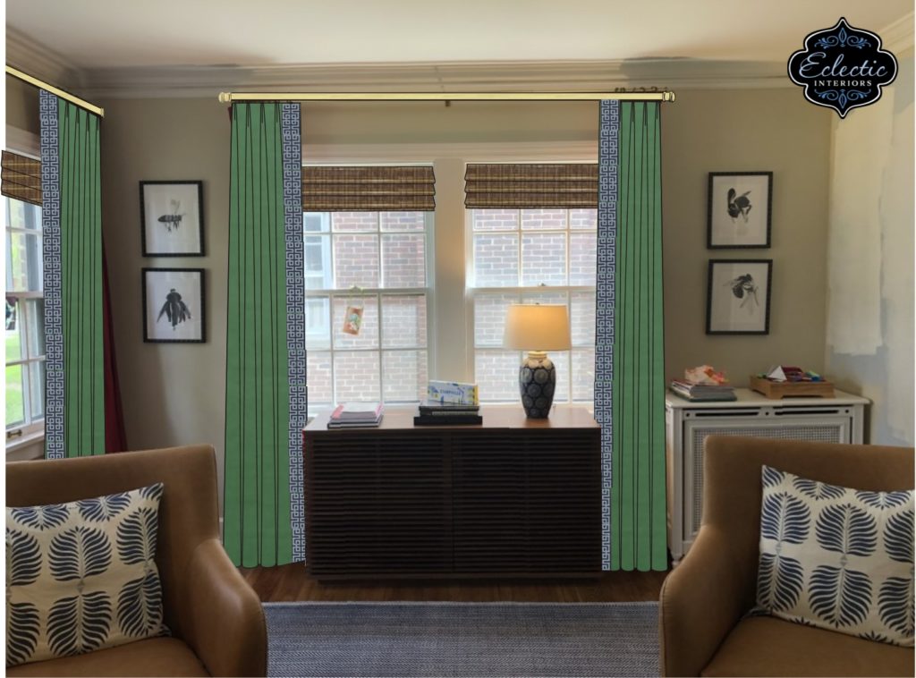 Green custom window treatment rendering  Lindsey Putzier Design Studio