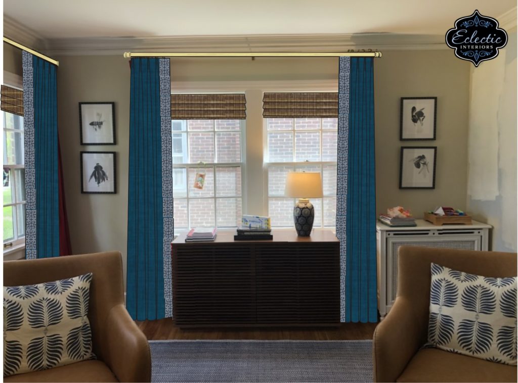 Blue custom window treatment rendering  Lindsey Putzier Design Studio