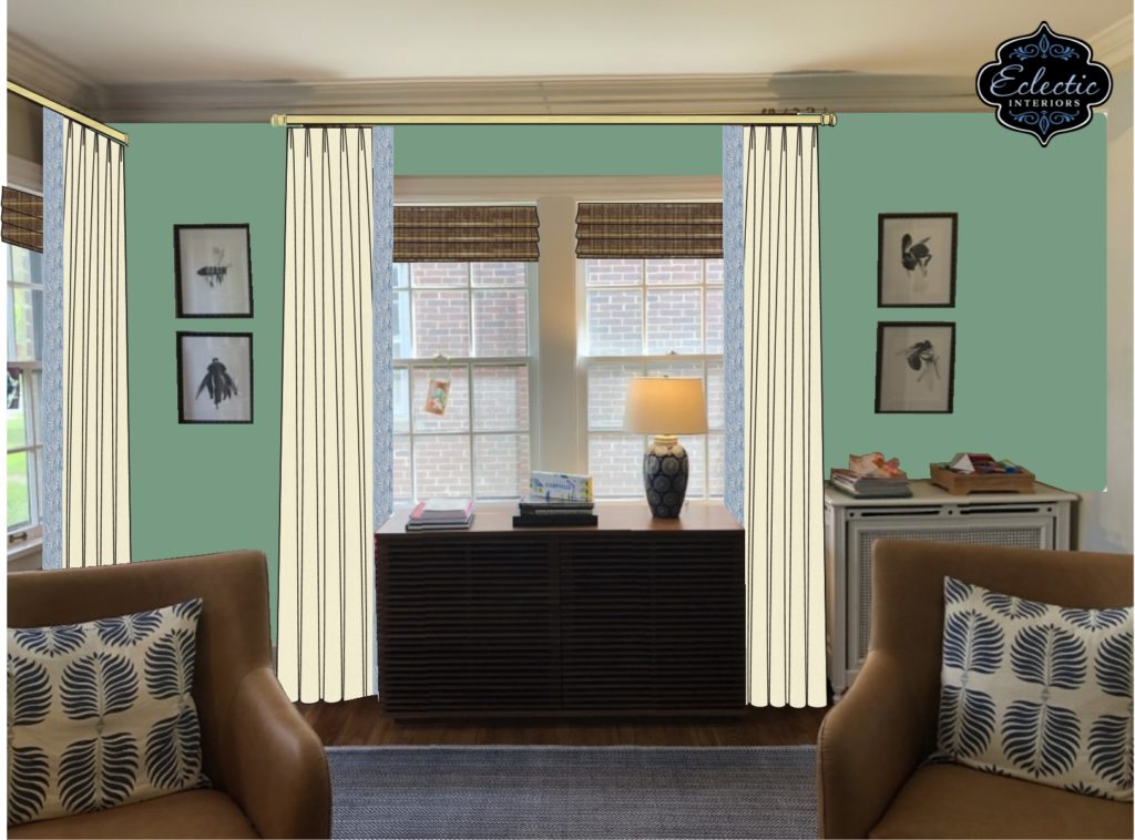 Rendering of Living Room with light green walls and neutral custom window treatment Lindsey Putzier Design Studio